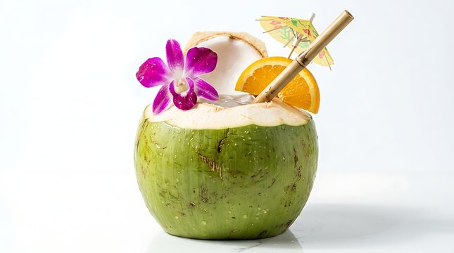 Fresh coconut drink with orange slice and orchid on white background.