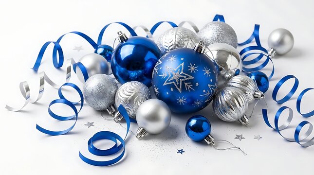 Blue and silver christmas ornaments with ribbons on a white surface.