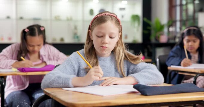 Test, cheating and education with child in classroom for learning, exam and study crisis. Elementary school, cribbing and assessment fail with kid for knowledge, plagiarism and curriculum at academy