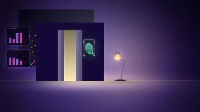 Purple elevator facial recognition scan unlocking wide scene concept