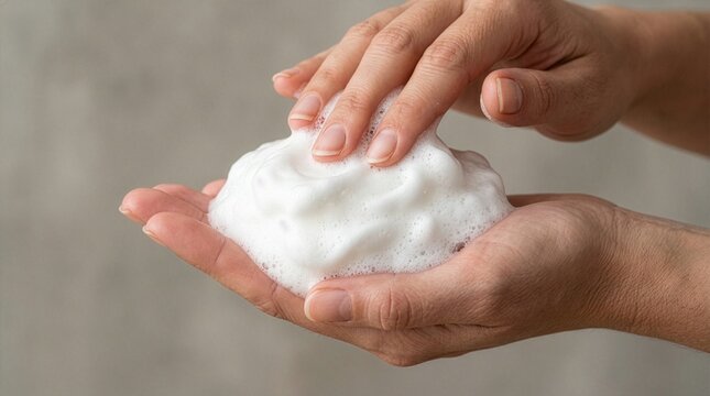 A close-up shot of hands holding a rich, white foam bubble cleanser or soap lather against a neutral grey studio background, ideal for skincare, hygiene, and wellness concepts.