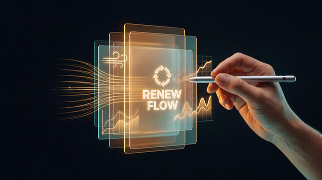 Futuristic renew flow digital interface screen, user hand interacting with stylus pen on virtual glass display, data analytics dashboard