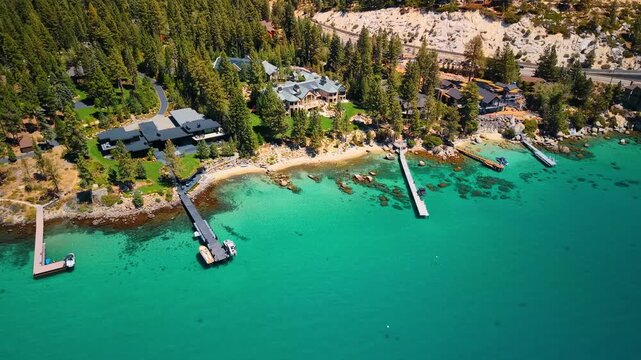 Lakefront homes stand among trees beside turquoise Lake Tahoe water. An elevated view shows narrow piers and pale beaches below wooded slopes and exposed rock.