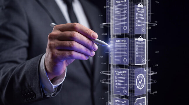 Digital contract management technology, futuristic business compliance hologram, smart document system for corporate operations