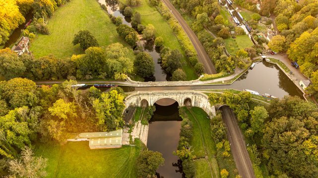 Aerial view of the historic Dundas Aqueduct in England at sunset.