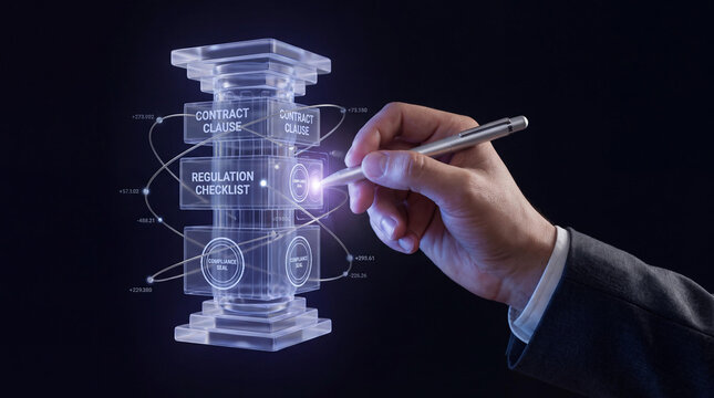 Futuristic legal technology concept, glowing digital law pillar with contract clause and regulation checklist holographic interface