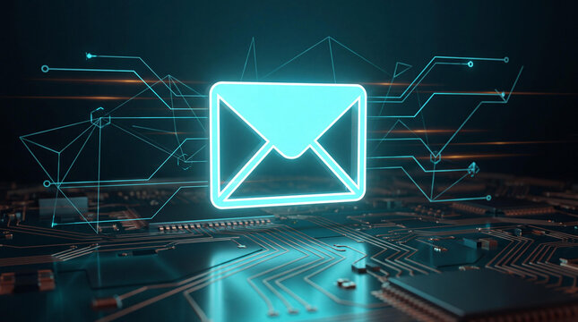 Futuristic Glowing Email Icon on Circuit Board, Digital Data Communication Concept, Cyber Security and Electronic Message Background