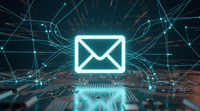 Glowing digital email icon on circuit board, futuristic email communication technology, abstract cyber network data connection