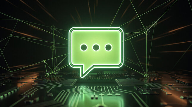 Futuristic Glowing Speech Bubble Icon on Digital Circuit Board, Green Neon Message Chat Concept, Artificial Intelligence Communication Design