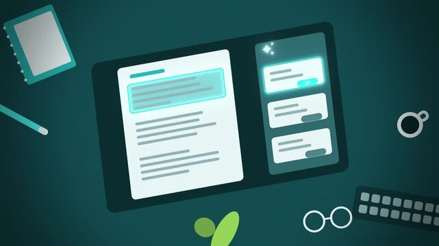 Teal AI writing assistant panel in a document tilted view assembling