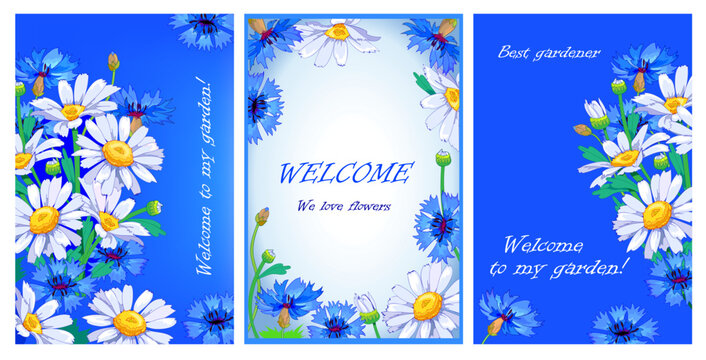 Set of invitation cards. Drawing of cornflowers and daisies. Welcome to my garden! Best gardener. We love flowers. Hand drawn vector. Template for greeting, background, poster, wallpaper or decoration