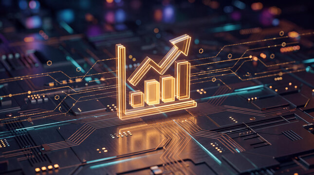 Futuristic glowing financial bar graph on digital circuit board background, neon financial growth trend symbol, stock market data visualization