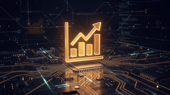 Futuristic financial growth chart icon, glowing golden bar graph on motherboard circuit board background, digital business success concept