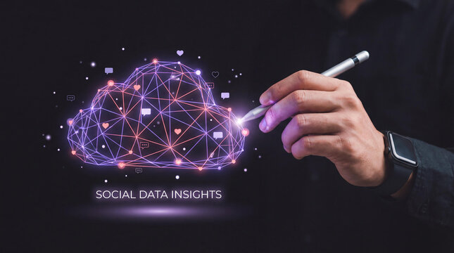Cloud Computing Data Insights Concept, Futuristic Social Network Cloud Graphic, Business Intelligence Technology Background