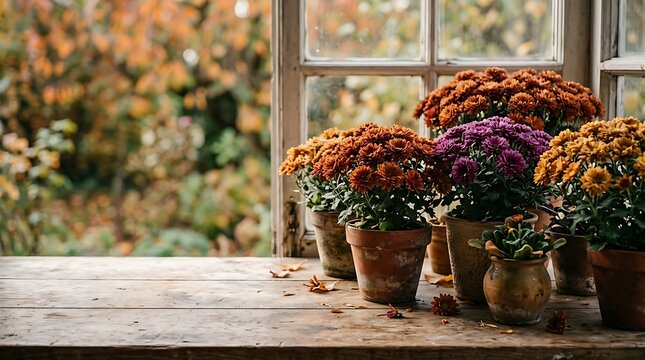 Colorful autumn chrysanthemums in pots on a windowsill with garden view