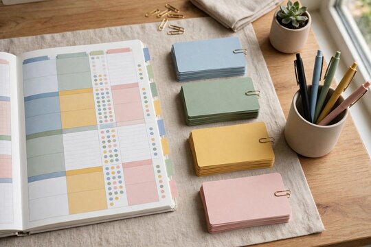 Color-coded planner organizing tasks on office desk