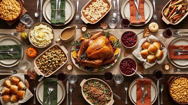 Overhead view of a festive thanksgiving dinner table with traditional foods