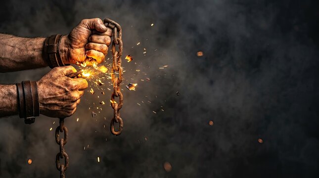 National Freedom Day rugged hands breaking thick iron chain with sparks and smoke banner
