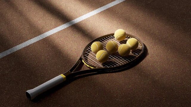 Loop Tennis racket with pile of yellow practice balls on textured outdoor court under warm sunlight from low overhead angle near court edge warnings: removed forbidden motion wording