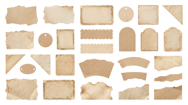 Set of vintage paper labels and torn craft paper tags