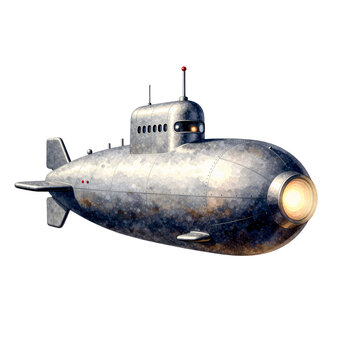 Retro style metallic submarine with a bright forward spotlight and periscope