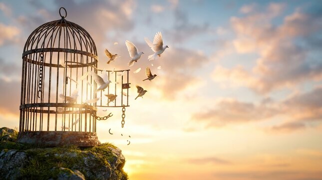 National Freedom Day open birdcage with white doves flying freely into sunset sky copy space