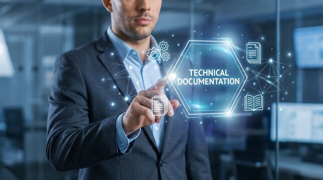 Businessman interacting with technical documentation interface in office