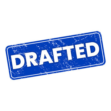 Document workflow stamp featuring drafted text, blue background, distressed edges, ideal for office and project management use