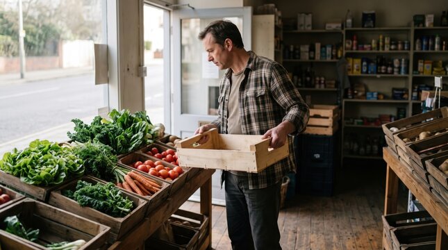 A man selects fresh vegetables inside a rustic market store, holding a wooden crate and examining produce on wooden display tables.