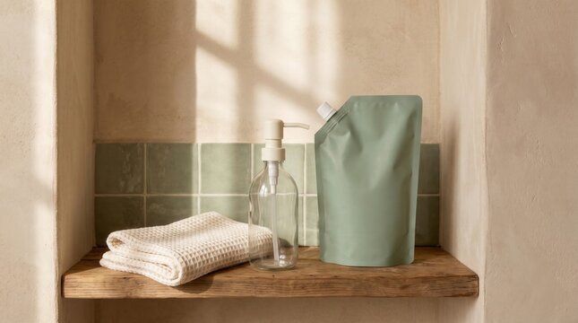 Minimalist bathroom shelf with a folded towel, a clear pump bottle, and a green refill pouch against a textured beige wall and green tiles.