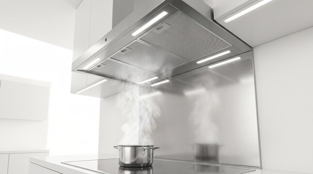 A modern kitchen stovetop with a pot releasing steam beneath a sleek, stainless steel range hood in a clean, white environment.