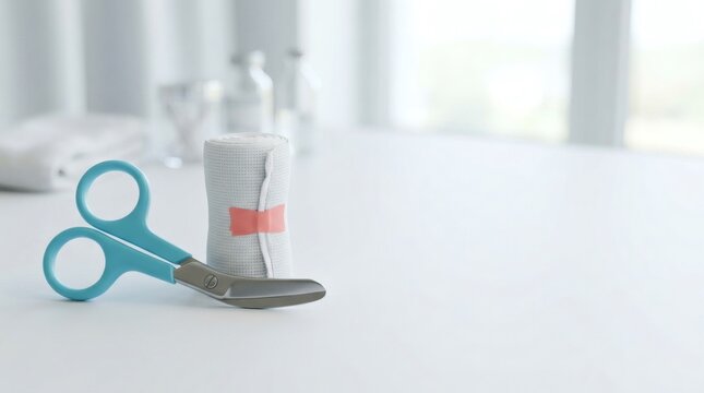 Blue medical trauma scissors with white compression bandage roll on clean white surface for first aid kit concepts.