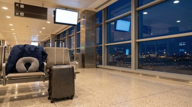 An airport waiting area at night with empty seats, a suitcase, and a city skyline visible through large windows.