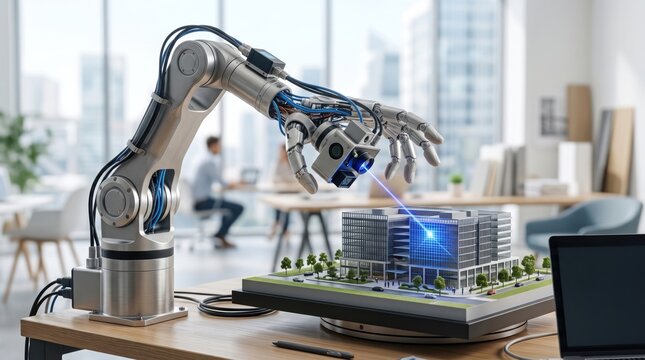 A robotic arm scans a detailed architectural model of a modern office building, showcasing advanced technology in urban planning and construction.
