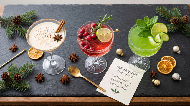 Three festive holiday cocktails garnished with spices, lime, and cranberries on a slate board surrounded by pine branches and holiday decor.