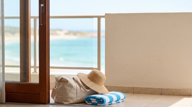A relaxing balcony scene with a beach bag, sunhat, and striped towel overlooking a tranquil ocean view.