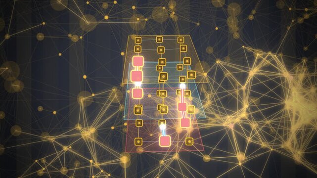 Layered network planes angled view building up background