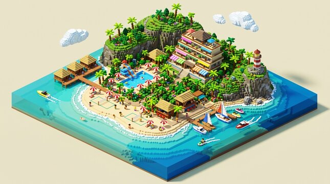 Vibrant tropical island resort vacation featuring palm trees, beach loungers, and poolside fun for ultimate relaxation getaway