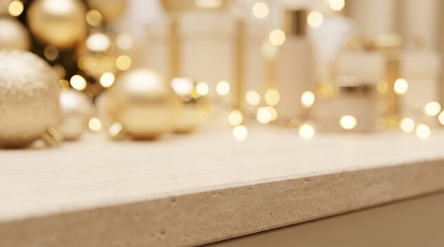 Soft-focus golden Christmas ornaments on a wooden surface with warm, glowing fairy lights in the background.