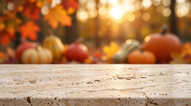 A rustic wooden table in autumn setting with blurred pumpkins and fall leaves, glowing warmly in golden sunlight.