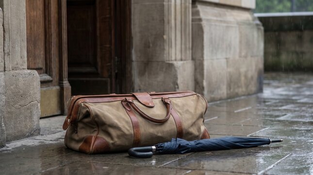 A vintage leather and canvas duffel bag and a closed umbrella rest on a wet stone pavement near an old building on a rainy day.