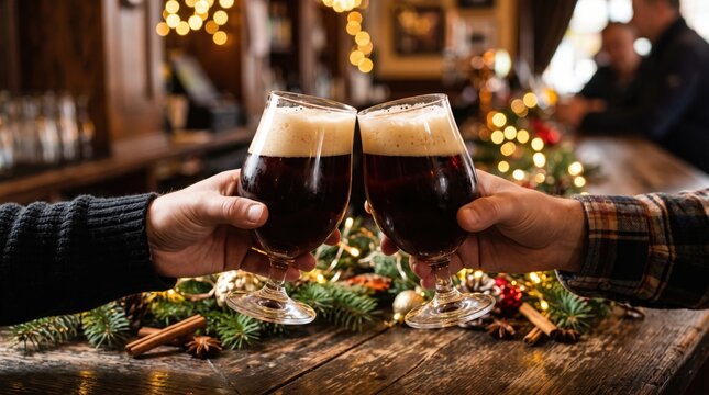 Two people clinking glasses of dark beer in a cozy, festive bar setting with holiday decorations on a wooden table.