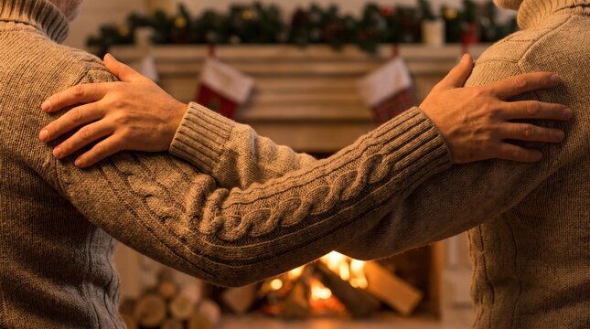 Two people in cozy sweaters embrace warmly in front of a festive fireplace decorated with Christmas stockings.