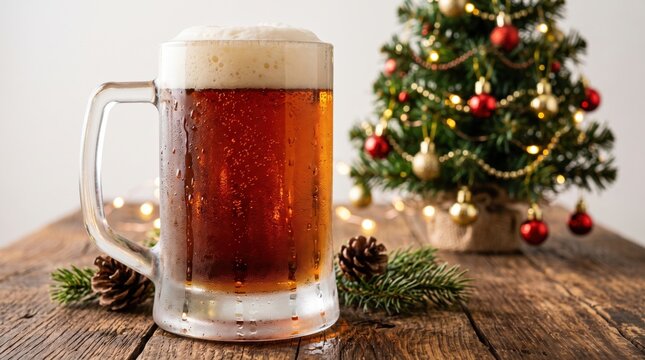 A frosty mug of beer on a wooden table with a decorated Christmas tree and festive ornaments in the background.