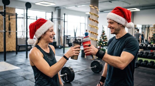 Two people wearing Santa hats toast with workout bottles inside a festive gym decorated with Christmas lights and a tree.