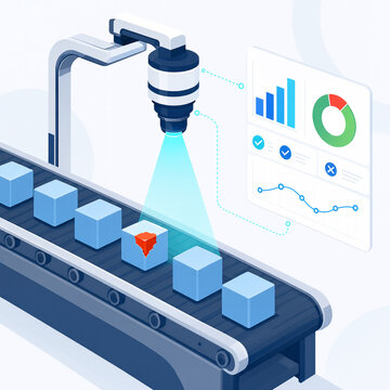 Automated quality control scanner inspecting products on conveyor belt for defect detection 3d illustration