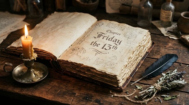 Ancient grimoire open to friday the 13th chapter with a candle