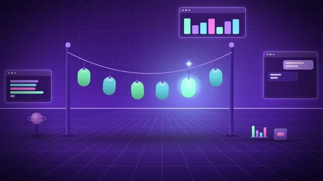 Purple garland of token pennants with a moving highlight wide scene
