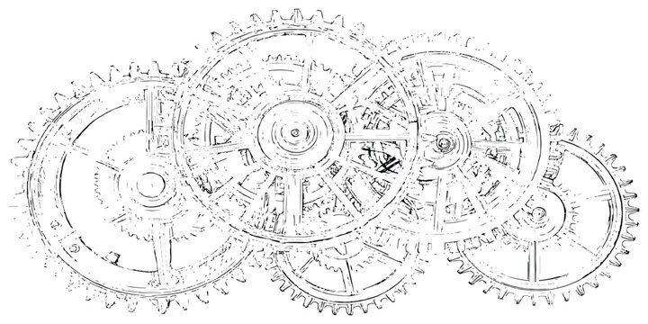 Mechanical clockwork cogs and gear wheels sketch set vector illustration for engineering technology design.