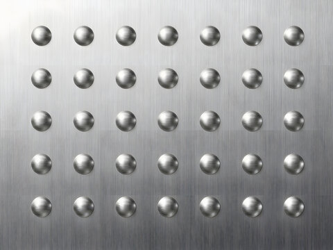 Brushed Metal Surface Texture Background with 3D Spherical Studs Grid Pattern